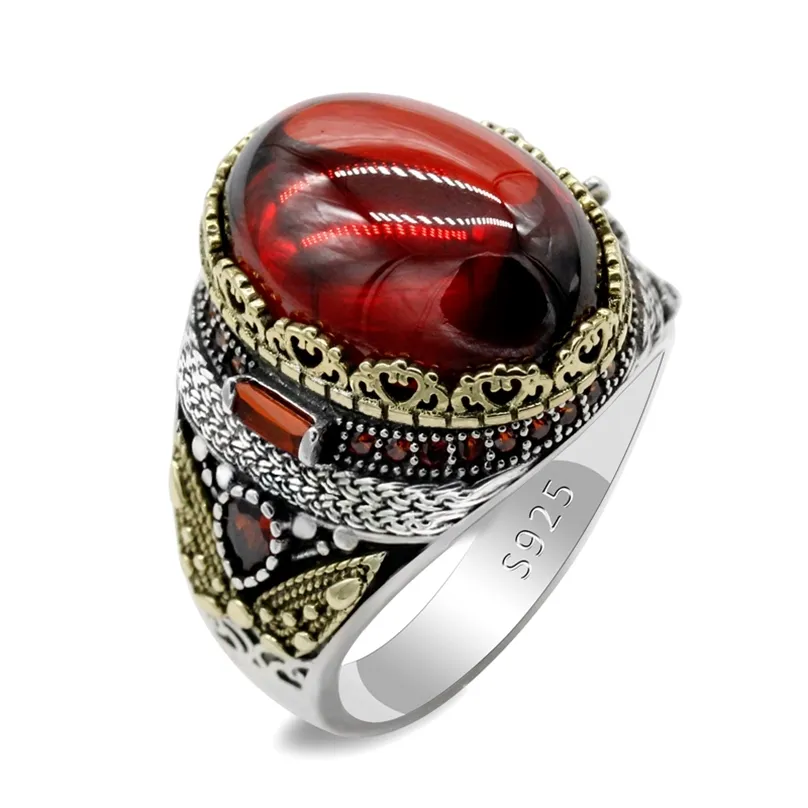 Véritable pur vintage bague hommes 925 turc naturel thaïlandais argent sterling classique couleur rouge zircon pierre anneaux pour femmes bijoux cadeau 211217