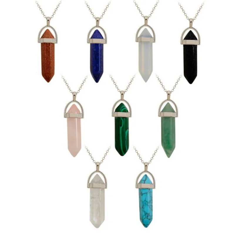 Natural Crystal Stone Pendant Necklace Fashion Hexagonal Cylindrical Gemstone Necklaces Party Decoration Jewelry Gift Supplies Belt Chain
