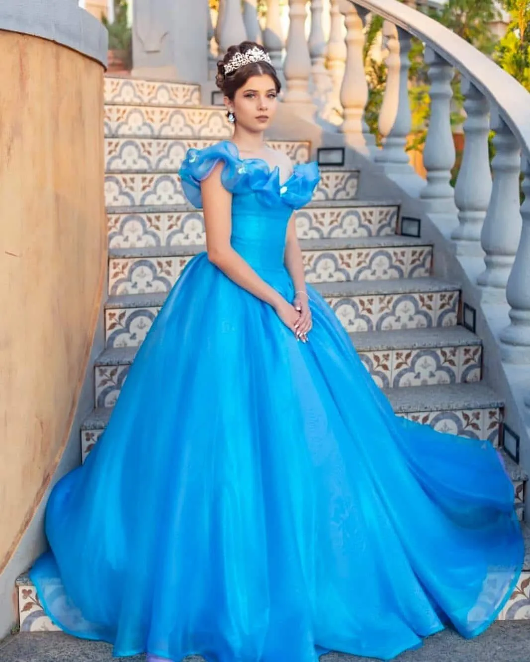 Vintage Sweet 15 Dress Cinderella Blue Quinceanera Dresses Off The Shoulder Organza Corset Princess Prom Floor Length Long Evening Gown 2021 Robe De Mariée