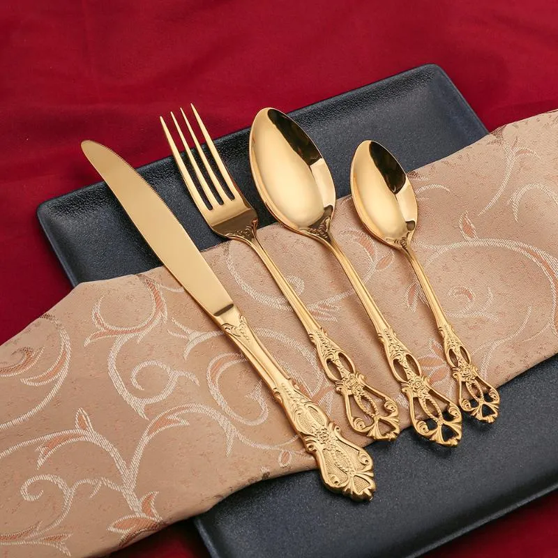 Juegos de cubiertos 24 unids/lote juego de vajilla cubiertos de oro tenedor 304 cuchara de acero inoxidable tenedores reales cuchillos cucharas vajilla de cocina