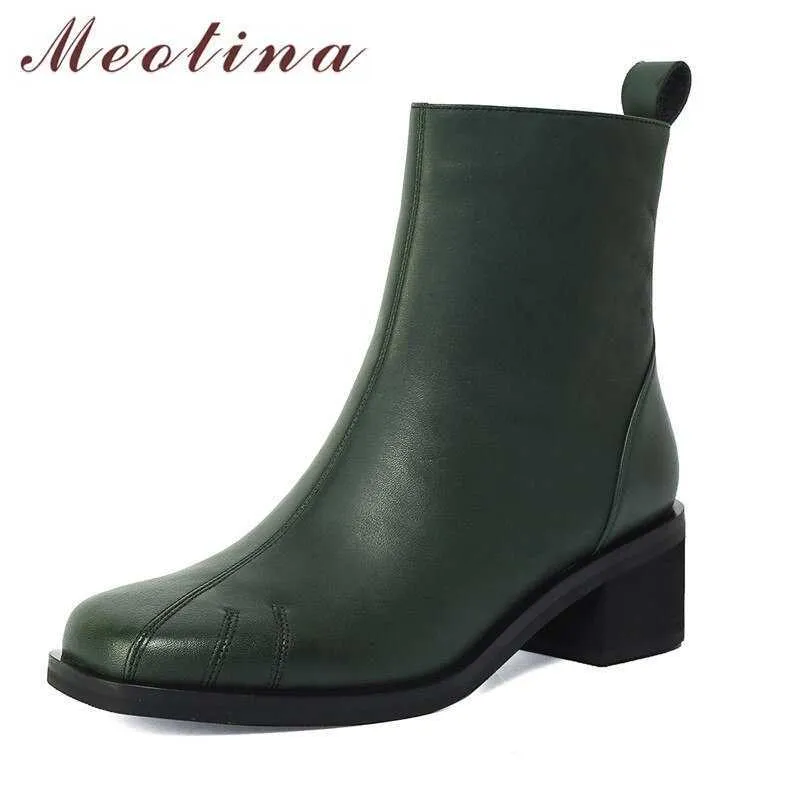 メトナ天然本物の革ハイヒールの足首のブーツの女性ブーツ分厚い​​ヒールシューズジッパーレディースショートブーツ冬の緑のサイズ40 210608