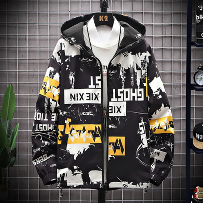 Män Utskrift Tonåring Jackor Fashion Hip Hop Zipper Pullover Windbreaker Coats Designer Man Höst Lösa Tunna Hooded Streetwear Ytterkläder