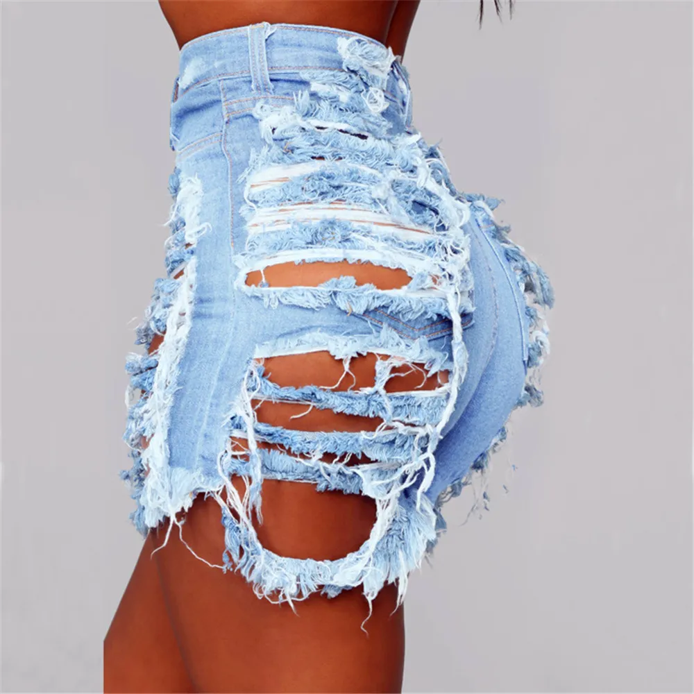 Bermuda jeans curta cintura alta, rasgado shorts jeans casual streetwear