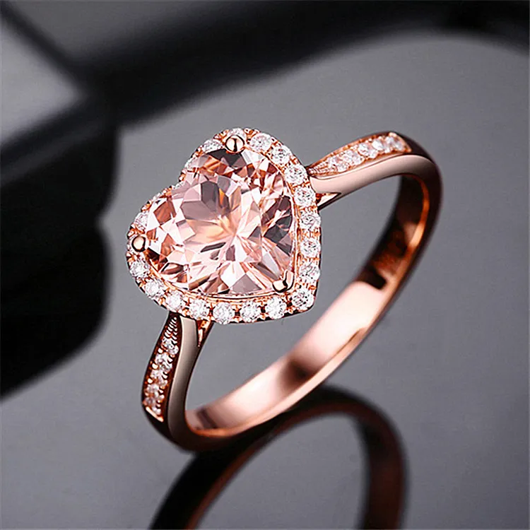 Romantico anello in oro rosa 18 carati con cuore da 2 ct con topazio Anello in argento sterling 925 con fede nuziale di fidanzamento per le donne Gioielli da sposa