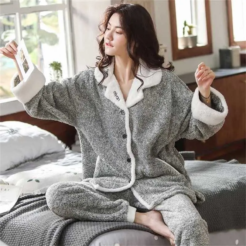 2 peças inverno mulheres pijamas set engrossar quente macio flannel sleepwear lapela botões feminino homewear plus tamanho pijama 211118