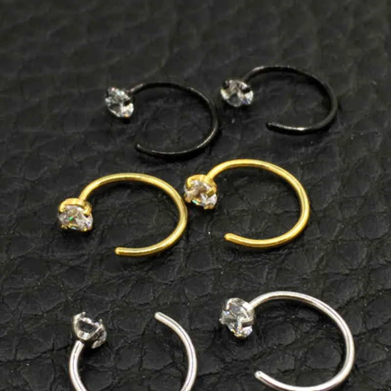 HENGKE Zirkon-Nasenring, U-förmiger Hufeisenring, Piercing-Schmuck, BCR-Augenbraue, Nagel, Lippe, klarer Edelstein, 316L-Edelstahl, Schwarzgold