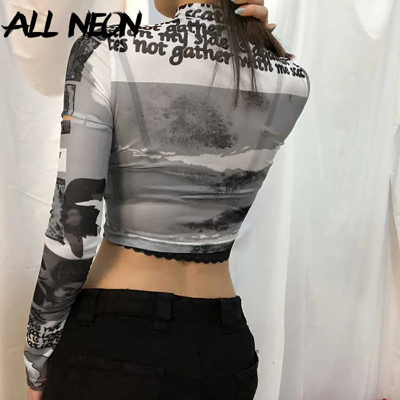 ALLNeon Y2K Aesthetics Transparents Stand Collar Long Sleeve Cut Out Tops With Rings E-girl Letter Print Tie Dye Mesh T-shirts Y0629