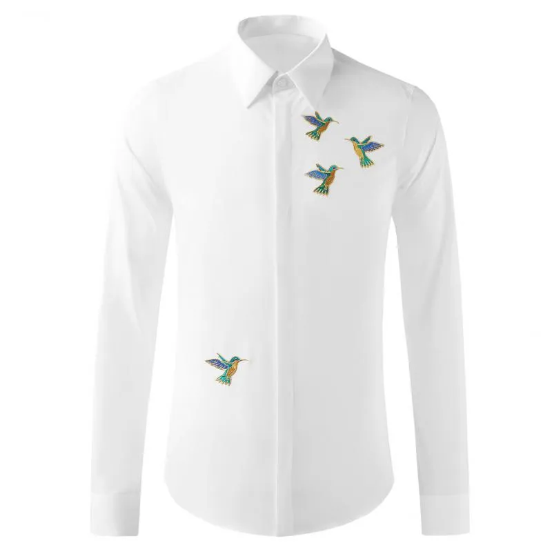 Camisas casuais masculinas novo ouro kingfisher bordado camisas masculinas de luxo manga longa negócios casual camisas de vestido masculino fino ajuste smoking homem camisas 4xl