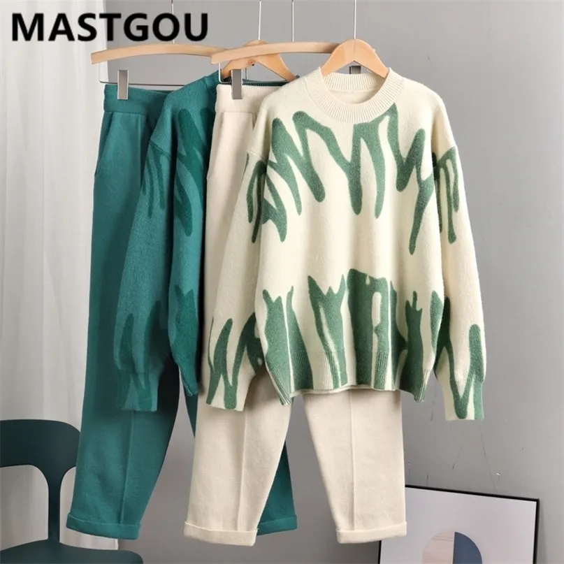 Mastgou Cashmereの女性のセータートラックスーツタイ色のニット2個のピース​​鉛筆のズボンは特大の緩いセータースーツ服を設定します220315