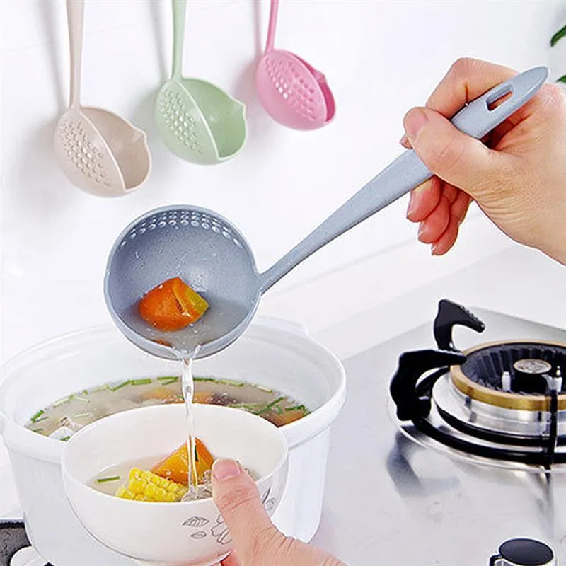 Cucchiai 2 in 1 Manico lungo Paglia di grano Cucchiaio Schiumarola Scolapasta Gadget da cucina Utensili Accessori da cucina Stoviglie