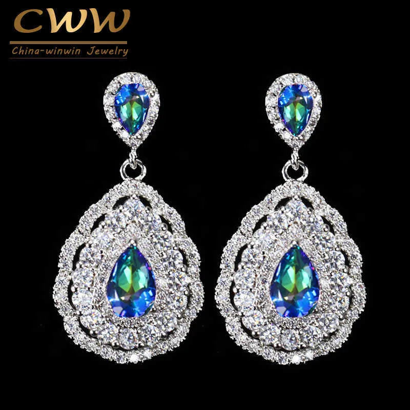 Boucles d'oreilles classiques pour femmes, bijoux, bleu arc-en-ciel, cristal de feu, boucle d'oreille avec pierre de zircone cubique, CZ121 210714