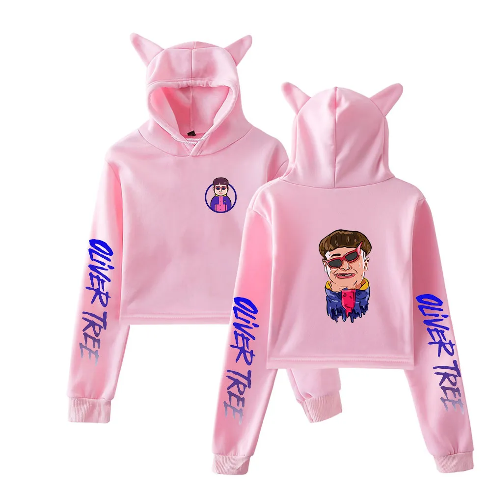 Rappeur chanteur Oliver Tree haut court à capuche Hip Hop Streetwear Kawaii chat oreille recadrée sweat court pull à capuche haut pour femme