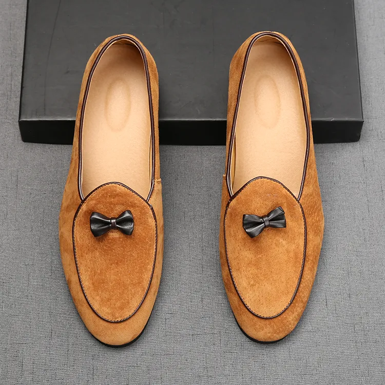 Lüks Tasarımcı Bowtie Damat Düğün Ayakkabıları İtalyan Tarz Slip-On Oxford Elbise Loafers Moda Süet Man Partisi Resmi Balo Sürüş Daireleri H41