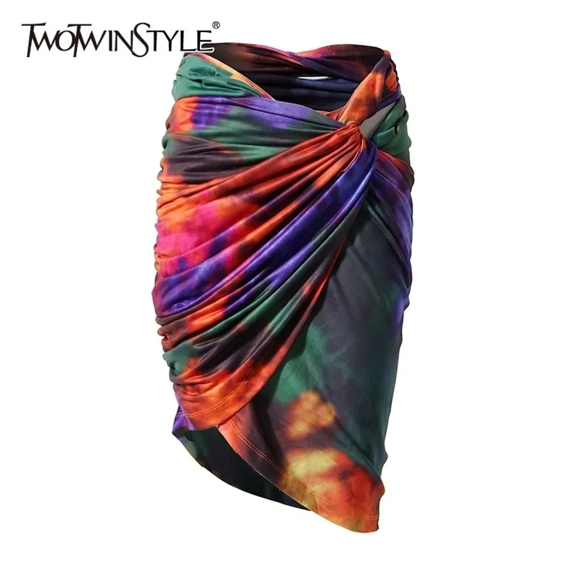 Twotyle Tie Dye Bodycon Saia para Mulheres Cintura alta Ruched Slim Fit Color Saias Feminino Moda Roupas Verão 210730