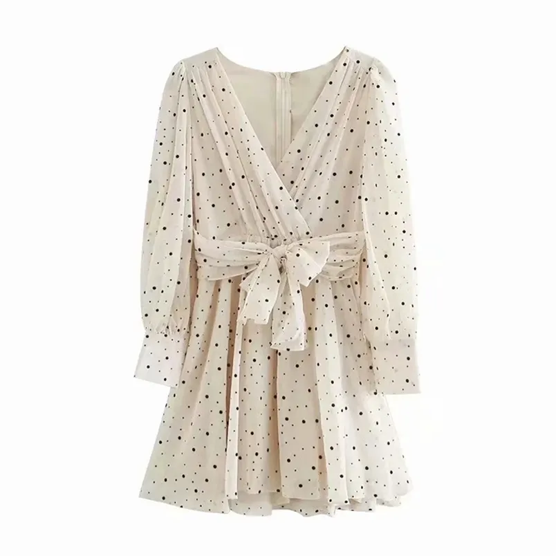 Dot Chiffon Dress Women Long Sleeve Boho Summer Ladies V Neck Bow Elegant Robes 210531