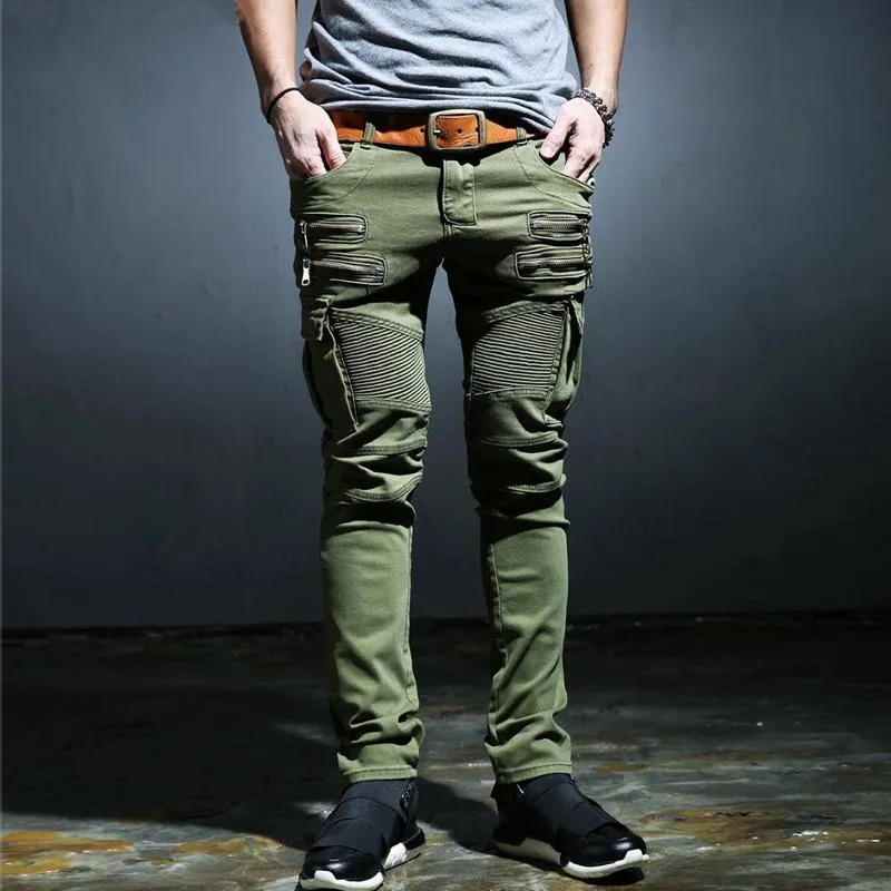 Мужские джинсы армии зеленые ретро тощие мужчины одежда мода молния локомотив джинсовые джинсовые брюки джинсовые хип-хоп брюки