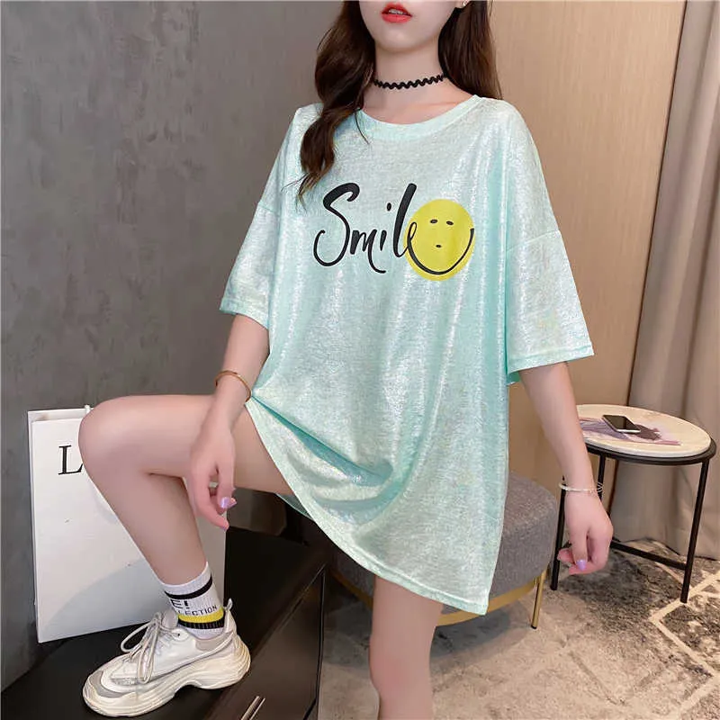 Harajuku Short Sleeve Oversized Long T shirt Women Tops Summer Looes Pink Woman Tshirt Shiny Lurex Clothes Wholesale Tees 210604