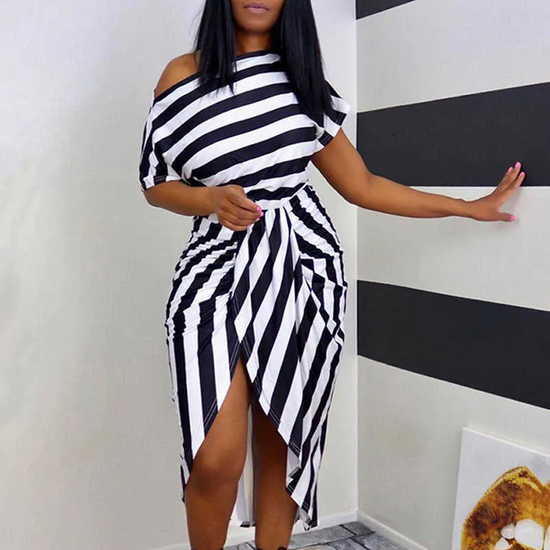 Women Fashion Casual Loose Fit Midi Dress Female Casual Short Dresses One Shoulder Striped Print Wrapped Dress 210716