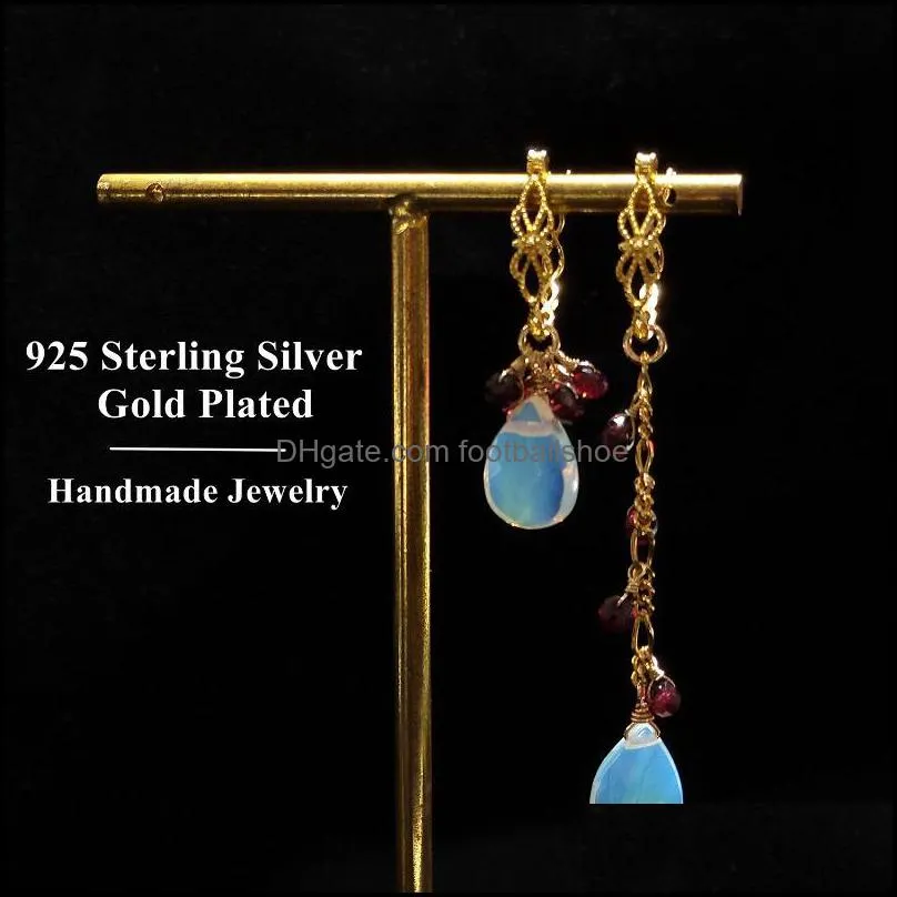 Lii Ji Garnet Opal Crystal 925 Sterling Silver Gold Plated Asymmetric Earrings Natural Stone Handmade Jewelry For Women Gift Dangle &