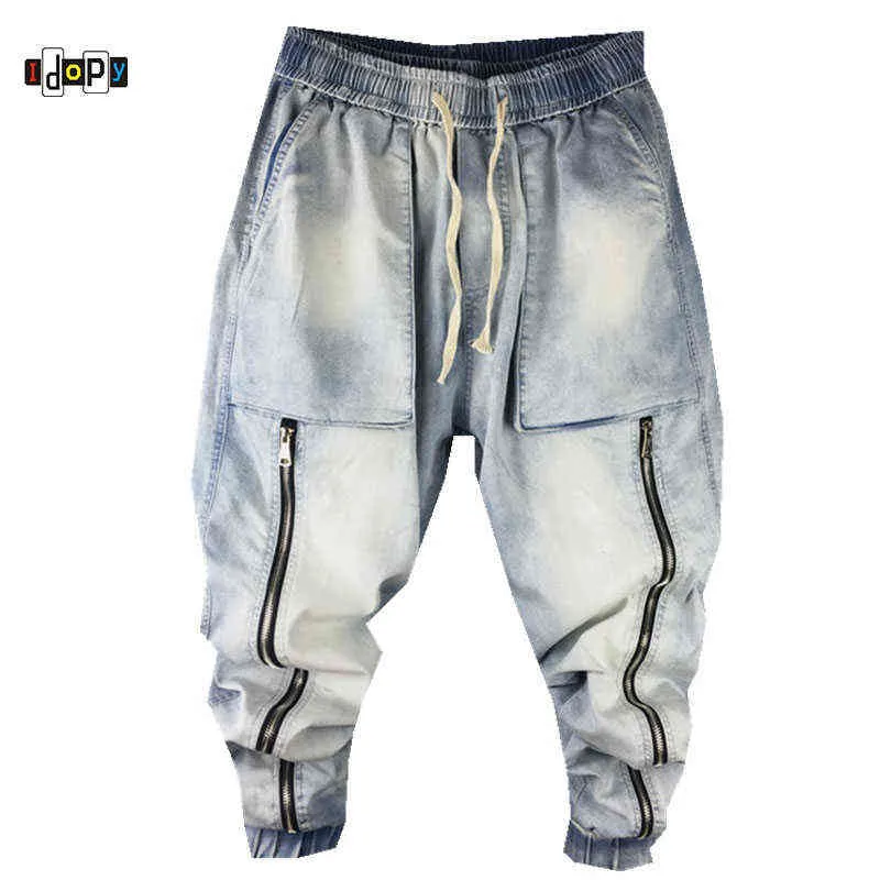 Idopy Harem jean fermetures éclair Vintage lavé goutte entrejambe coupe ample taille élastique cordon grandes poches Denim Joggers pour homme G0104