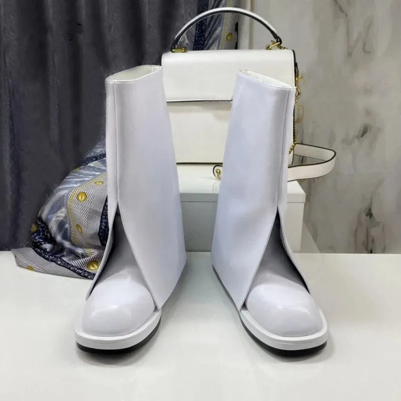 2021 Autumn Split Fork Pants Shoe Women Boots Real Leather Round Toe Ankle Boot White Black Street Dress Shoes