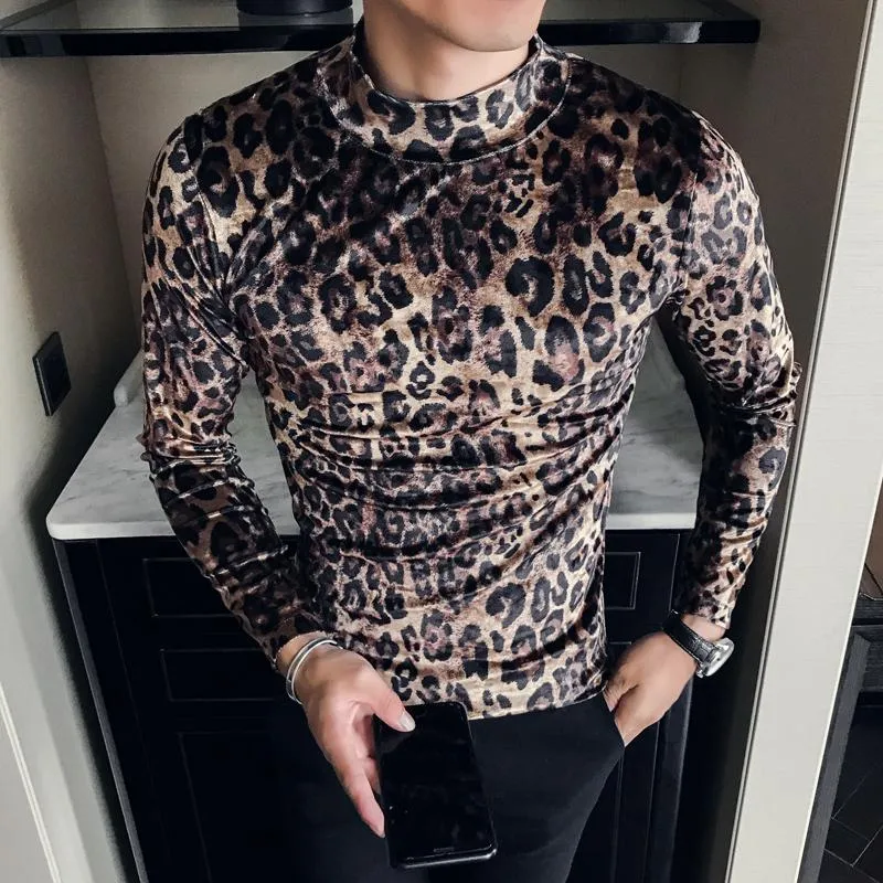 Męskie Koszulki Leopard Velvet T Shirt Mężczyźni Z Długim Rękawem Casual Slim Fit Tshirt Vintage Half Turtleneck Man Streetwear Club Tops Tees Odzież