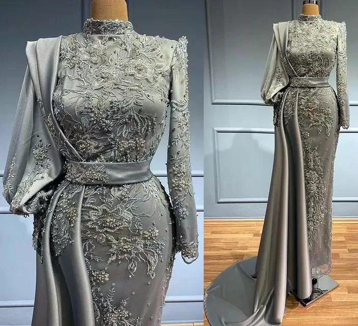 Abiti da sera eleganti grigio Sier con maniche lunghe 2022 Collo alto con perline Applique in pizzo Sweep Train Increspato Raso Custom Made Plus Size Abito da ballo Abiti