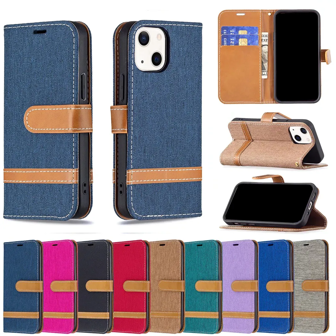 Custodie a portafoglio in pelle di tela di tela Jean per Iphone 15 Pro MAX 14 Plus 13 Samsung M23 M33 M53 M32 A82 5G A22 Hybrid Hit Contrast Color Credit ID Slot per carta di credito Flip Cover