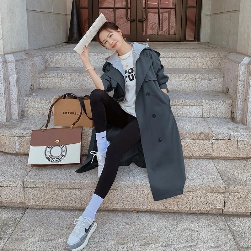 日本購入 レディーストレンチコートウインドブレーカー女性デザイナー21秋イギリス風緩いカジュアル偽2ピースフード付きスウェットミッドレングスコートm660 通販ポイント Barlashomes Ca