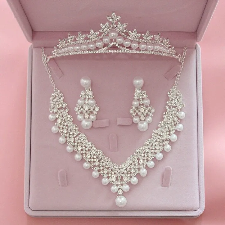 Ensembles de bijoux de mariage de mariée de mode femmes perles couronne et diadèmes boucles d'oreilles et collier ensembles filles accessoires de mariage fête d'anniversaire