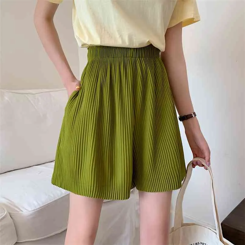 Pantalones cortos plisados de pierna ancha para mujer de talla grande cintura elástica verde moda de verano pantalones cortos informales sueltos para niñas M-L 210601