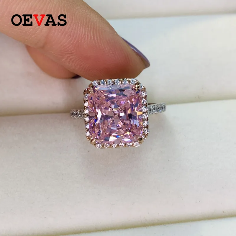 OEVAS 100% 925 Sterling Silver Pink High Carbon Diamond Bridal Rings For Women Sparkling Wedding Engagement Party Fine Jewelry