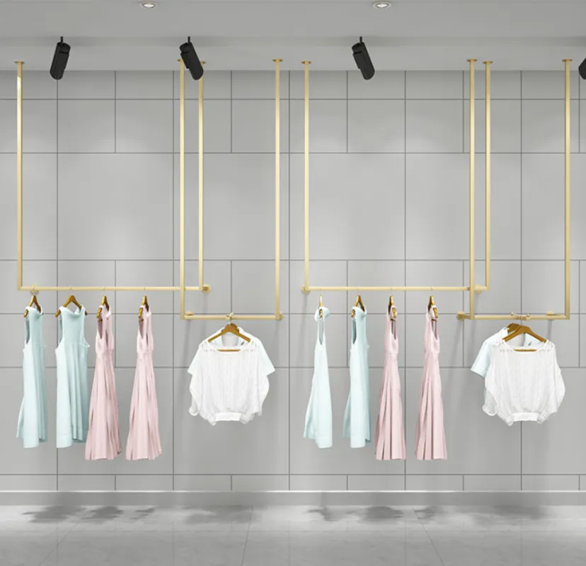 Kanca Raylar Altın Giyim Mağazası Ekran Raf Zemin Çift Askı Bayan Mağazası Yüksek Dolap Raf