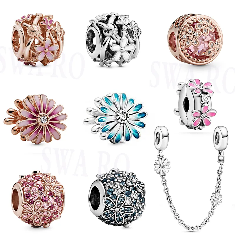 2020 moda nuovo argento di alta qualità 1: 1 bianco, rosa fiori margherita bouquet serie fascino gioielli fai da te donna originale regalo classico Q0531