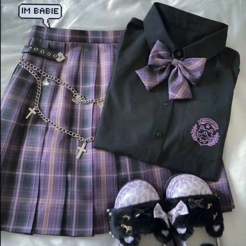 Japonês harajuku três peça conjunto manta mini mulheres saia uniformes escolares a linha doce cintura alta kawaii ternos conjuntos 210608