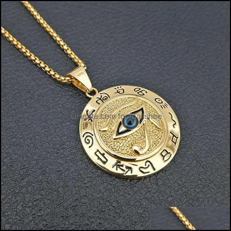 Pendant Necklaces Ancient Egypt The Eye Of Horus For Women And Men Gold Color Stainless Steel Round Jewelry Drop1