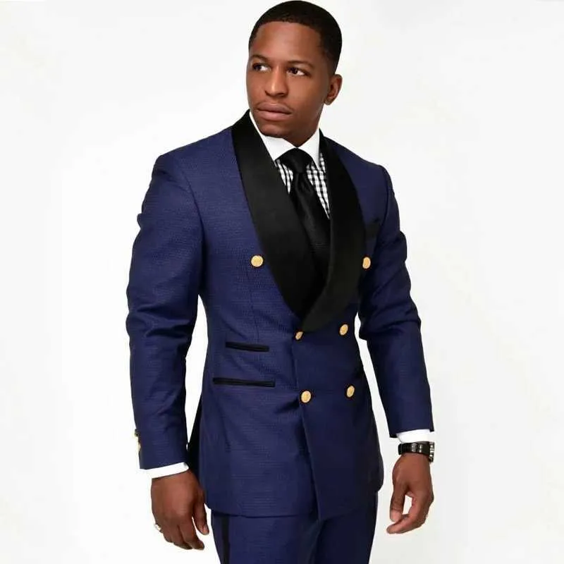 Mode Dark Blue Double Breasted Men Past Costume Homme Wedding Prom Terno Masculino Slim Fit Bruidegom Blazer 2 Stks Jas + Pant X0909