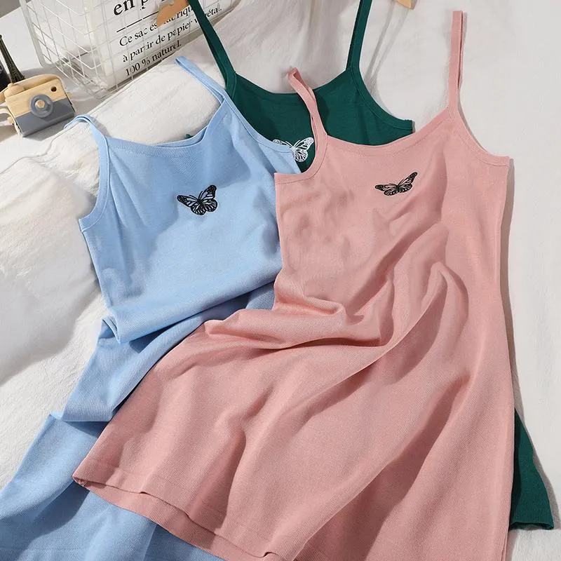 Casual Dresses Knitting Camisole Short Dress Women Summer Embroidery Butterfly Slash Neck Sleeveless Lady Off Shoulder Pink Preppy Style