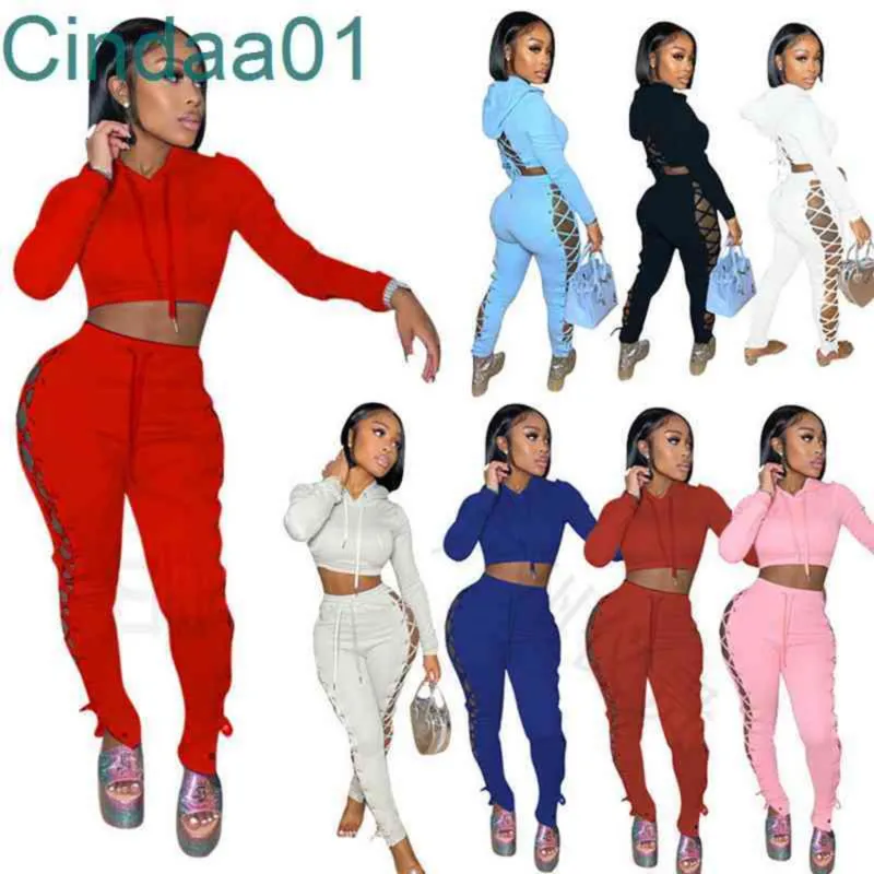 Women Tracksuits Designer Two Piece Set Sexy Hollow Out Hoodie Bandage Jacket Contrast Splicing Strap Coat Sweatpants Outfits S-XXL