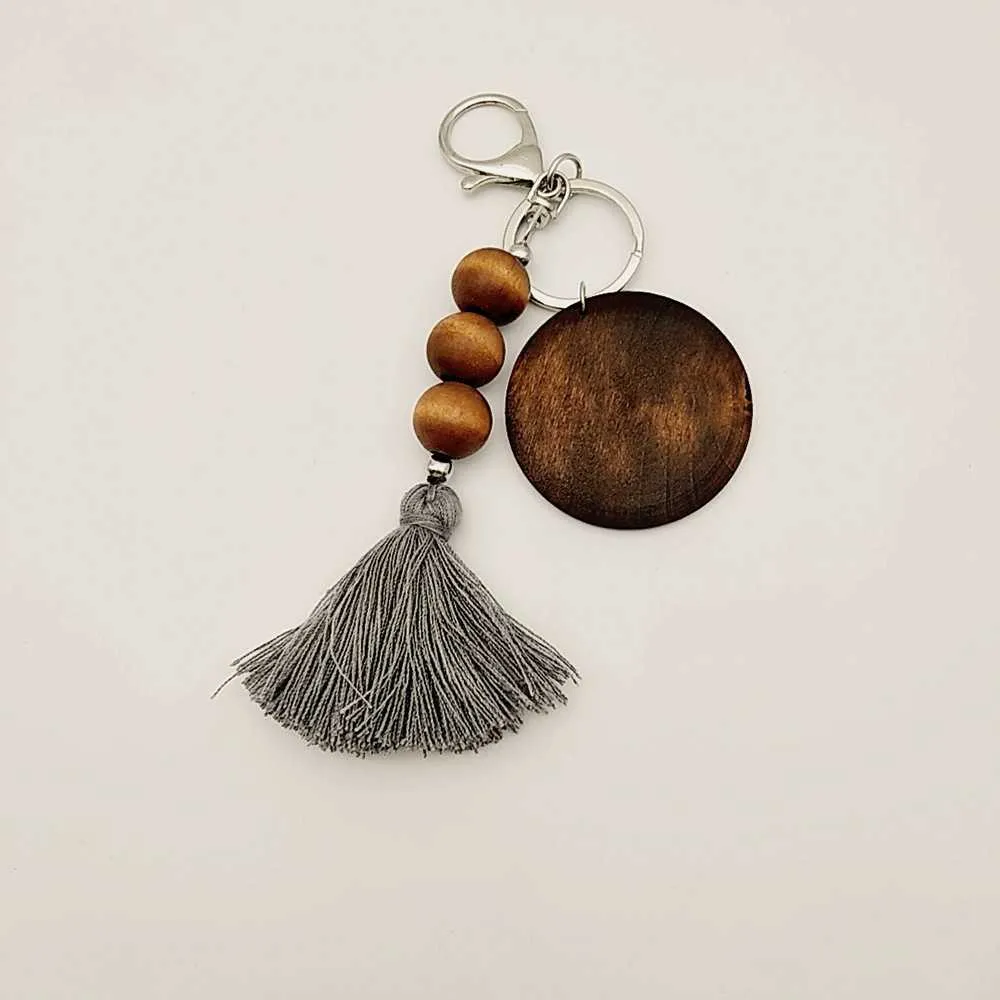 Wooden beaded key ring Party Favor trade wood bead keychains can print round and cotton tassel pendant keychain WMQ824