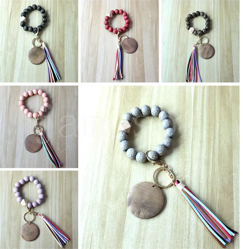 Bracelet à pampilles en cuir, porte-clés, chaînes en bois, perles sculptées, bracelets élastiques, charme dd888