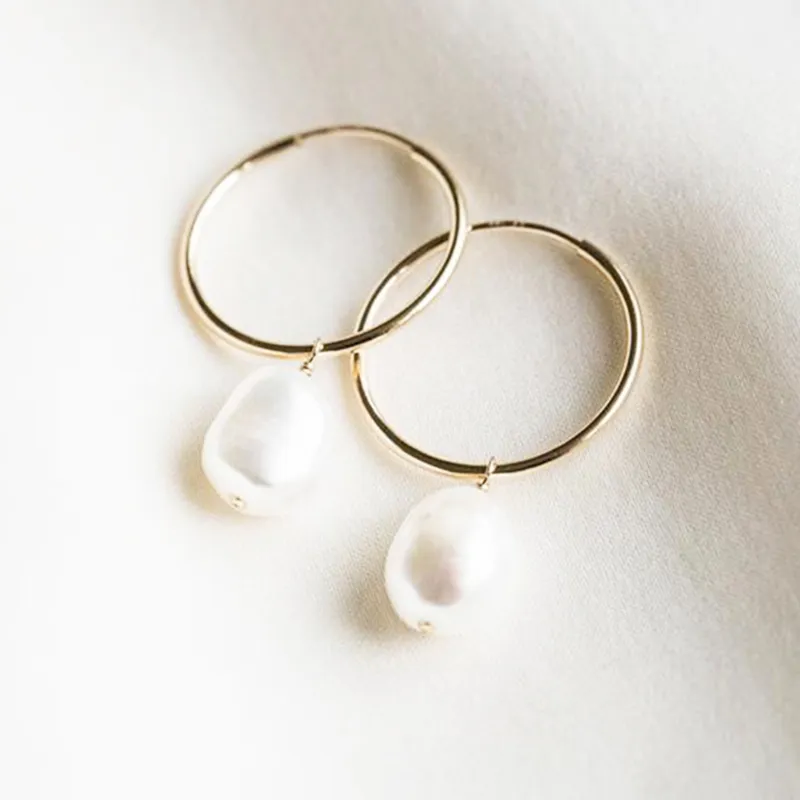 Gold Filled Hoop Earrings Handmade Natural Pearls Jewelry Circle Boho Brincos Pendientes