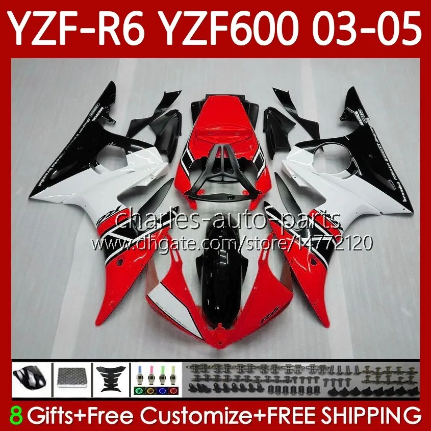 Corps de moto pour Yamaha YZF-R6 YZF600 YZF R 6 600 CC 03-05 Bodywork 95NO.94 YZF R6 600CC YZFR6 03 04 05 Rouge Blanc Blanc COWLLING YZF-600 2003 2004 Kit de carénage OEM