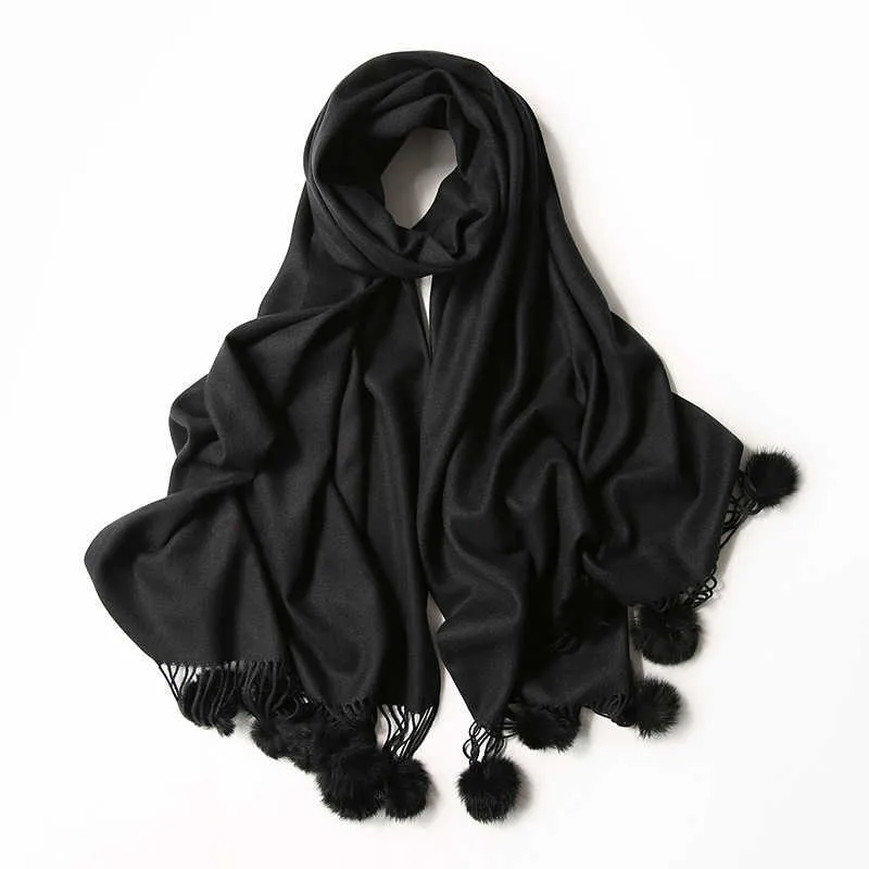 Women Plain Solid Tassel Cashmere Shawl Scarf with Rabbit Fur Pom Lady Winter Wrap Pashmina Poncho Hijab Echarpe Foulards X0722