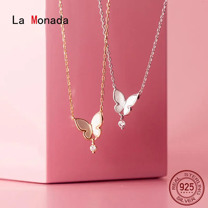 La Monada Srebrny Naszyjnik Łańcuch dla Kobiet Butterfly Wisiorek Moda Minimalistyczny Srebrny 925 Biżuteria na szyi Naszyjniki Damskie Q0531
