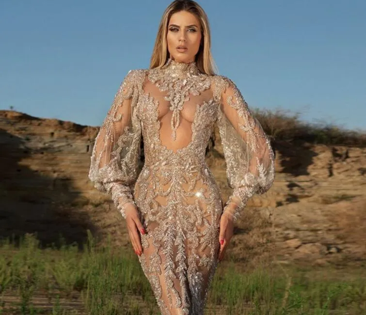 Evening Women dress Long sleeve Puffy Mermaid Yousef aljasmi Kendal Jenner Silver Crystal Kim kardashian
