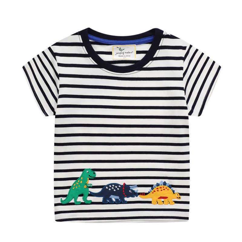 Jumping Meters Summer Arrival Stripe Boys Tees Tops Fashion Applique Dinosaurs Embroidery Baby Cotton T shirts Kid 210529