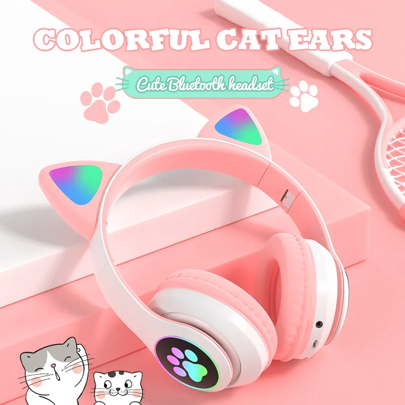 Cat Ear Wireless Headphones Bluetooth 5.0 RGB hörlurar Bassbrus Avbryta Vuxna Kids Girl Headset Support TF Card Casco Mic