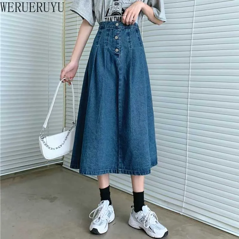 WERUERUYU Grande Taille Rétro Hong Kong Style Denim Jupe Taille Haute Un Mot Était Mince Jupe Fendue 210608