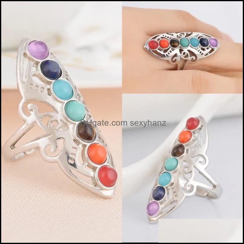 Natural Stone Alloy Band Rings Men Women Plate With Silver Ring Colorful Energy Stone Personality 3 65cz J2B